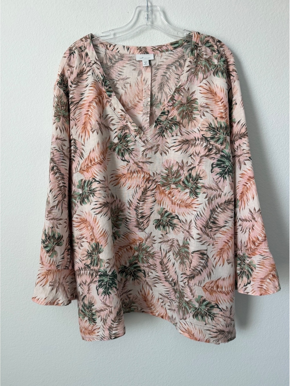 J. Jill Love Linen Pink Tropical Palm V-Neck 100% Linen Blouse Women's Size 4X
